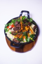 Stir Fried Beef Fillet served with Five Spice Vegetables and Egg Fried Rice