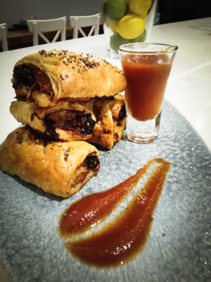 Caramelised Red Onion and Black Pudding Sausage Rolls with Homemade Ketchup
